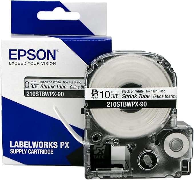Epson LABELWORKS 210STBWPX-90 Genuine Tape Cartridge - Black on White Shrink Tube Industrial Label Maker Tape - AWG 4-12, 3/8" (10MM) Wide, 7.5 ft (90")