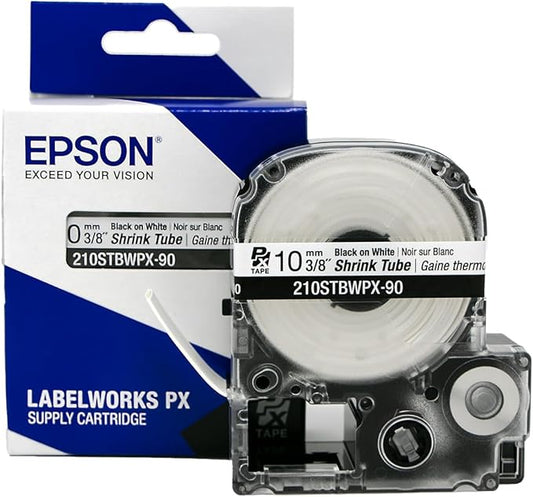 Epson LABELWORKS 210STBWPX-90 Genuine Tape Cartridge - Black on White Shrink Tube Industrial Label Maker Tape - AWG 4-12, 3/8" (10MM) Wide, 7.5 ft (90")