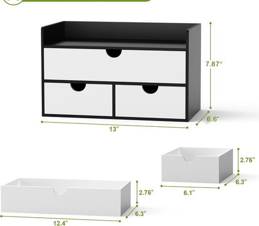 Wisuce Desk Organizer with Drawers - Bamboo Desktop Organizer Storage | Black-White Wood Desk Makeup Dresser Top Organizer for Cosmetics No Assembly Required