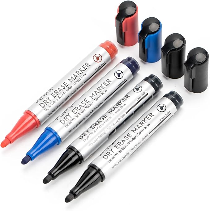 ZEYAR Dry Erase Marker Low-Odor Bullet Tip, Ultra-Large Capacity, Advanced Direct Flow Structure, Whiteboard Marker for School, Office, Home, 4 Count (2 Black,Blue,Red)