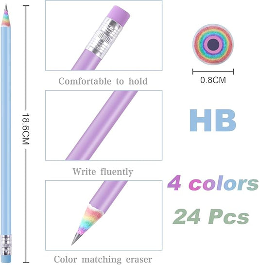 24PCS Eco-friendly Wood & Plastic Free Recycled Rainbow Paper Pencils #2 HB Pencils Number 2 Pencils Erasers Toppers with 2 Pencil Sharpener, Macaron Colored Pencils for School Office Supplies