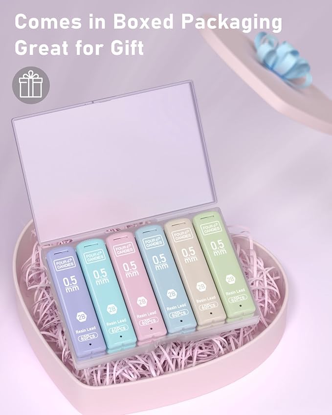 Four Candies 0.5/0.7mm 2B Lead Refills in Case, Pack of 720 PCS Black Break Resistant Mechanical Pencil Refills, 12 Tubes (6 of Each Size), 60 Pieces per Tube