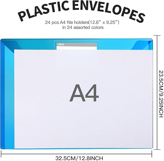 LEOBRO Plastic File Folders with Pocket, 24PCS Plastic Envelopes with Snap Closure, Folders for Documents, Reusable File Bags, A4 Size