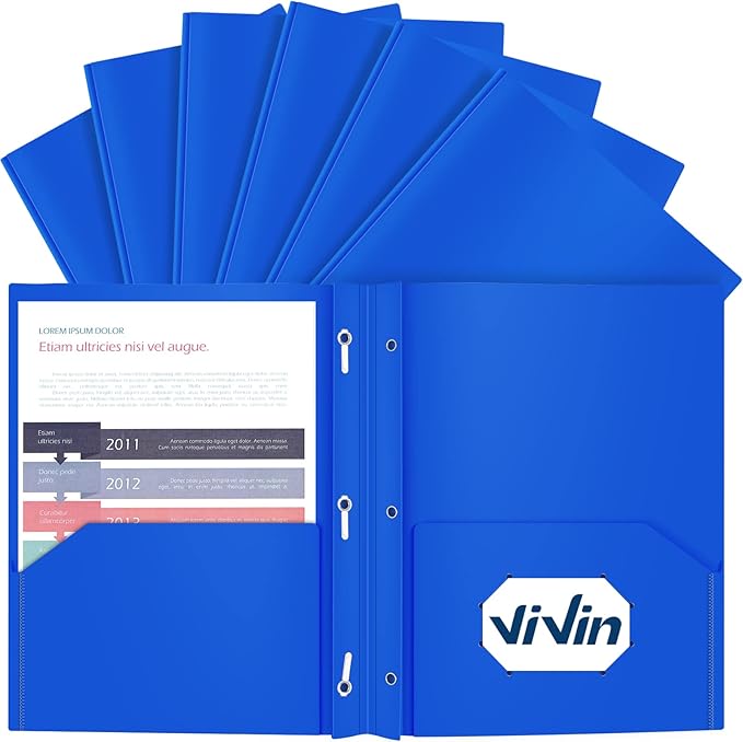 ViVin 12 Pack Heavy Duty Plastic Folders, 2-Pocket Poly File Plastic Folders with 3-Prong Fasteners, Fits 8-1/2" x 11" Letter Size Paper, for Home/School/Office (Blue)