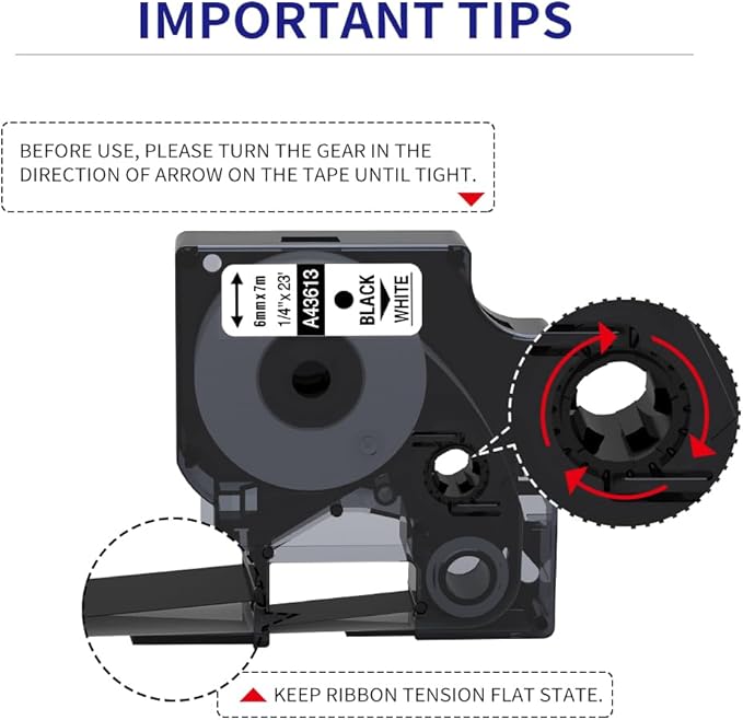 6-Pack Compatible Dymo 1/4 Inch 43613 D1 Label Tape Black on White 6mm Label Maker Refills S0720780 for DYMO LabelManager 160 280 360D 420P 450, 1/4 in x 23 Ft