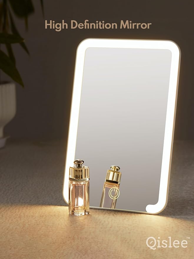 Qislee Travel Makeup Mirror with Lights, 3 Color Modes, 8 x 5 inches Desk Mirror with Foldable Stand, Touch Dimming, Perfect Travel Accessory, White