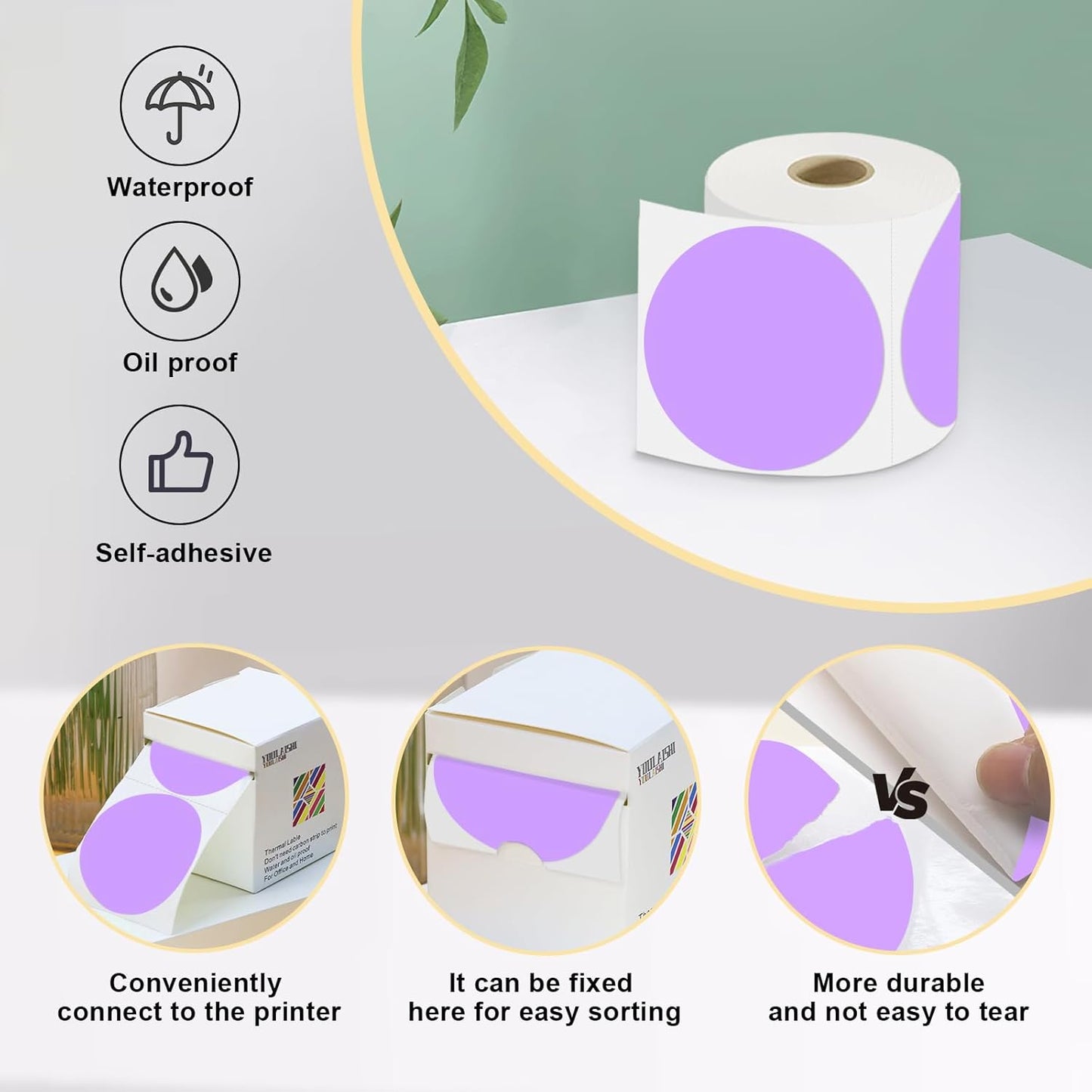 3 X 3 Inch Color Coding Dot Labels Circle Thermal Printable Waterproof 500 Pcs Round Stickers Adhesive Writable for Office, Home, Garage, DIY Sticker, Barcodes, Name Tag, Light Purple