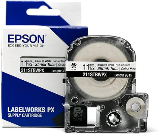 Epson LABELWORKS 211STBWPX Genuine Tape Cartridge - Black on White Shrink Tube Industrial Label Maker Tape - AWG 2-8, 1/2" (11MM) Wide, 8 ft (96")