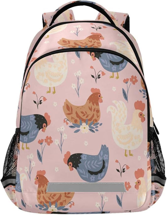 Chickens and Flowers Backpack for Girls Kids Boys School Bookbags,Student Laptop Backpack Carrying Bag Casual Lightweight Travel Sports Day Packs