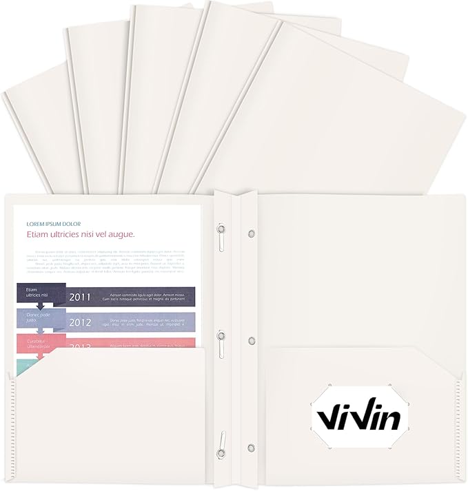 ViVin 12-Pack Sturdy Plastic Folders with Pockets and Prongs, 2 Pocket Folders with 3-Prong Fasteners, Holds 8.5 * 11 Letter Size Paper, for School, Home and Office (White)