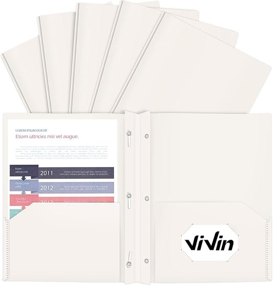 ViVin 12-Pack Sturdy Plastic Folders with Pockets and Prongs, 2 Pocket Folders with 3-Prong Fasteners, Holds 8.5 * 11 Letter Size Paper, for School, Home and Office (White)