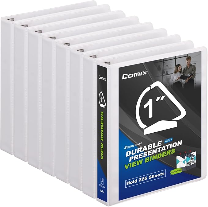 Comix Sturdy 3-Ring-Binder 1-inch D Ring Binders Hold 225 Sheets of 8.5" x 11" Paper, 8 Pack (White)