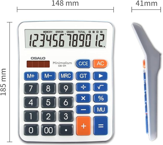 Desktop Calculator Extra Large 5-Inch Clear LCD Display 12-Digit Big Number Button Office Calculator with Auto Sleep Function (OS-5M)
