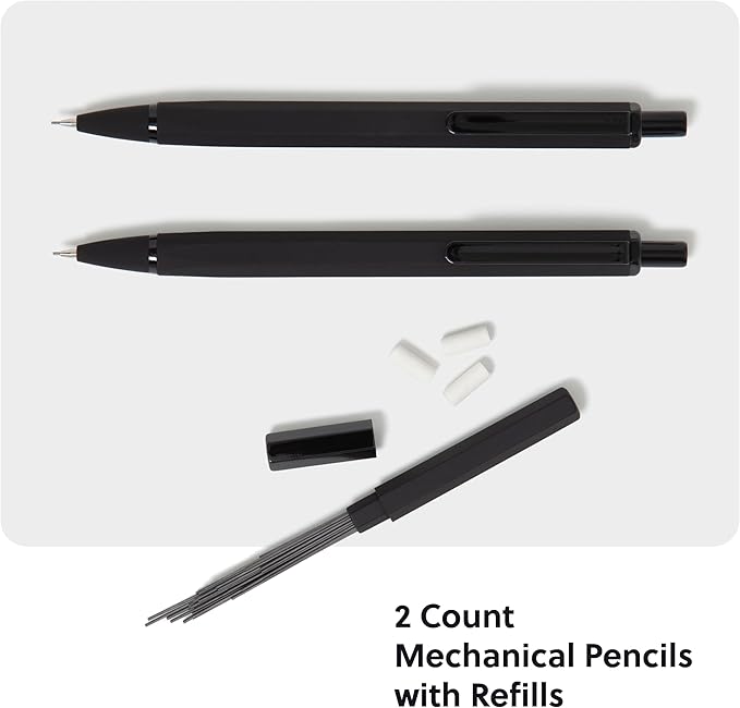 U Brands Cambria Mechanical Pencils, Set of 2, Midnight Black, Soft Touch, Medium (0.7 mm) Point, Lead and Eraser Refills