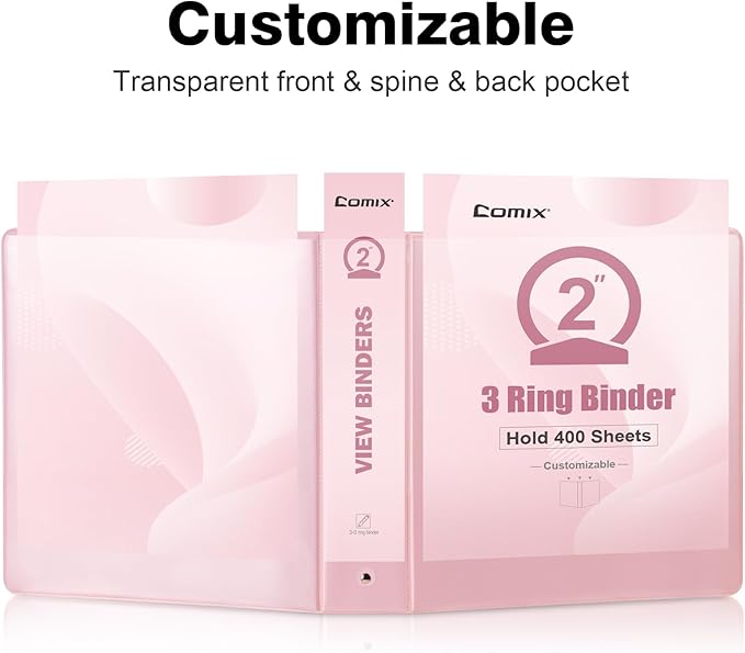 COMIX Standard 3 Ring Binder 2 inch with Clear View Cover, 2" Round Ring View Binder Holds 400 Sheets of US Letter Size Paper, 6 Pack (Pink)