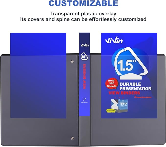 ViVin Sturdy 1.5 Inch D Ring Binders, 1.5'' 3 Ring View Binder with Customizable Clear Cover, Holds 350 Sheets of 8.5" x 11" Paper, 6 Pack, Black