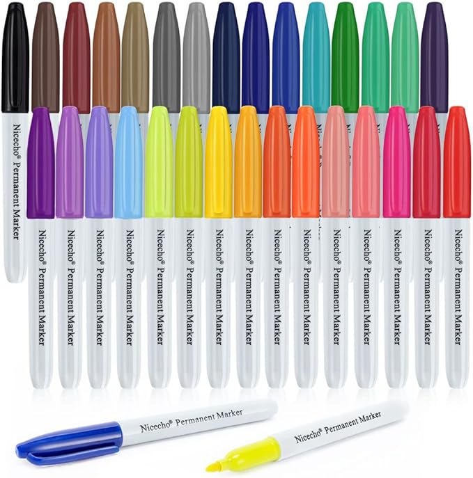 Nicecho Permanent Markers, 30 Colored Fine Point Marker Pens, Waterproof Marker Works on Paper, Plastic, Wood, Metal and Glass