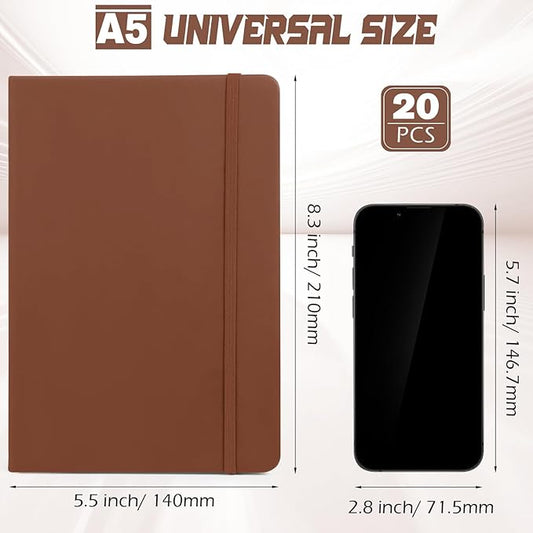Honoson 20 Pack Lined Journal Notebooks A5 Hardcover Executive Notebook 5.5" x 8.3" PU Leather Wide Ruled Journals Bulk with Elastic Band for Home Business Office School Supplies(Brown)