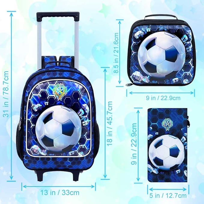 CCJPX 3PCS Soccer Rolling Backpack for Boys, Roller School Bookbag with Lunch Box, Football Water Resistant Wheeled Backpacks for Teens Elementary Travel-Blue