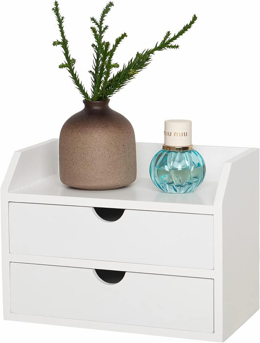 ROSE BLOOM White Wood Desk Organizer with 2 Drawer, Mini Cute Cabinet with Storage Shelf for Tabletop, Small Desktop Box Organizer for Cosmetic Office Supplies