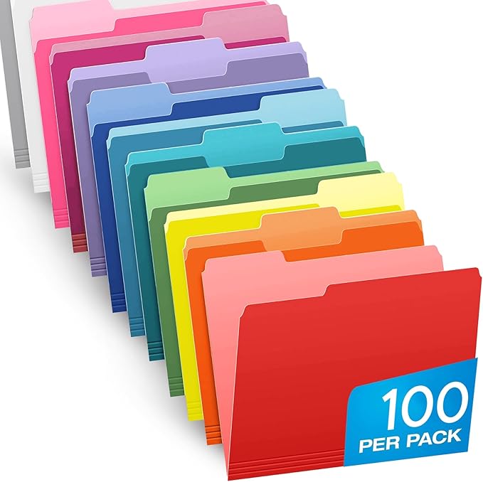 Pendaflex Colored File Folders Letter Size - 100 Pack of 12 Assorted Color Folders for Documents - 1/3-cut Tabs