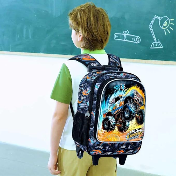 3Pcs Truck Rolling Backpack for Boys, Kids School Backpacks with Wheels, Roller Bookbag with Lunch Box for Elementary Preschool(Black)