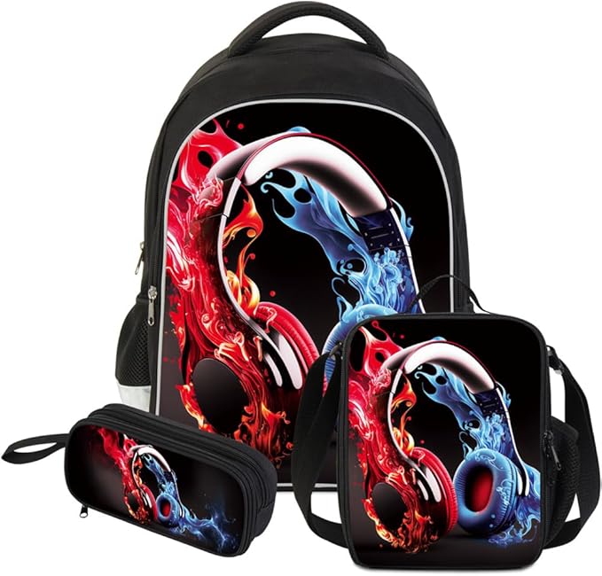 3 Pcs Kids Backpack, 3D Reflective Cartoon, 600D Polyester & Dual Zippers, 17" Bookbag with Ergonomic Design for boys & girls age 6-18, Headphone Space Style for school Children Kids