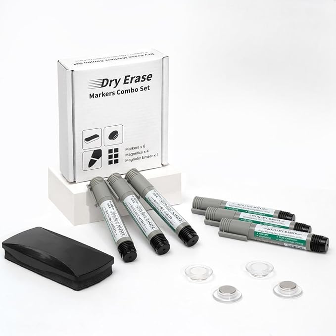 Dry Erase Markers Set 11pcs Whiteboard Markers Comber sets,6 Whiteboard Markers with 4 super strong magnetics & 1 Dry Eraser Bundle of White Board Dry Erase Markers (Black Markers)