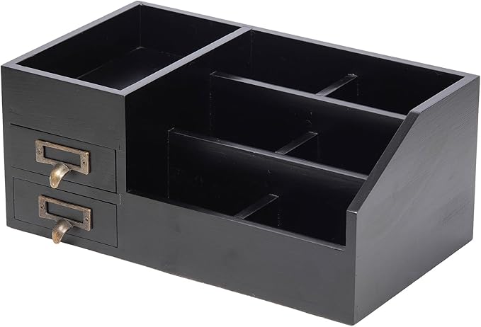 Distressed Rustic Wooden Office Desktop Organizer Wood Shelf Tabletop Home Organizer Storage with Multiple Compartments 2 Tier Drawers,perfect Jewelry storage Display Box for Desk, Vanity (Black)