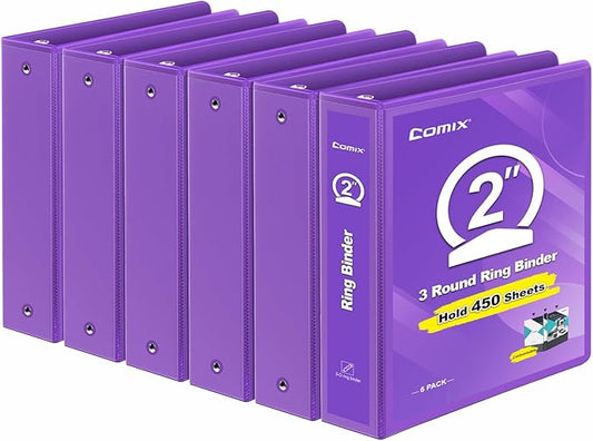 COMIX 3 Ring Binder 2 inch with Clear View Cover, 2" View Binder Holds 450 Sheets of US Letter Size Paper, 6 Pack (Purple)