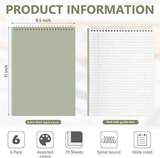 6 Pack 8.5 x 11'' Top Bound Office Steno Book Wide Ruled Double Sided Spiral Notebooks Reliable White Paper 70 Sheets/Pad Pastel Colors Covers for Writing School Notes(Business Color)