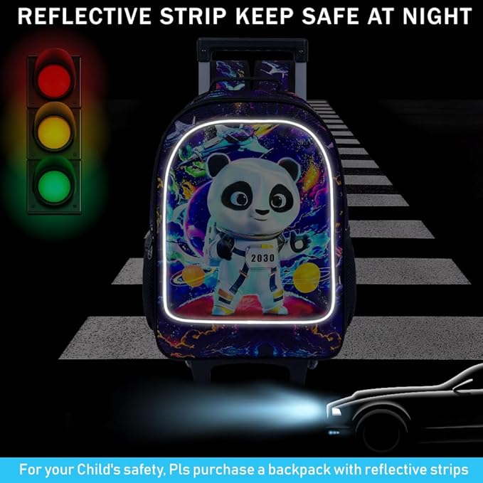 3Pcs Panda Rolling Backpack for Boys, Kids School Backpacks with Wheels, Roller Bookbag with Lunch Box for Elementary Preschool(Black)