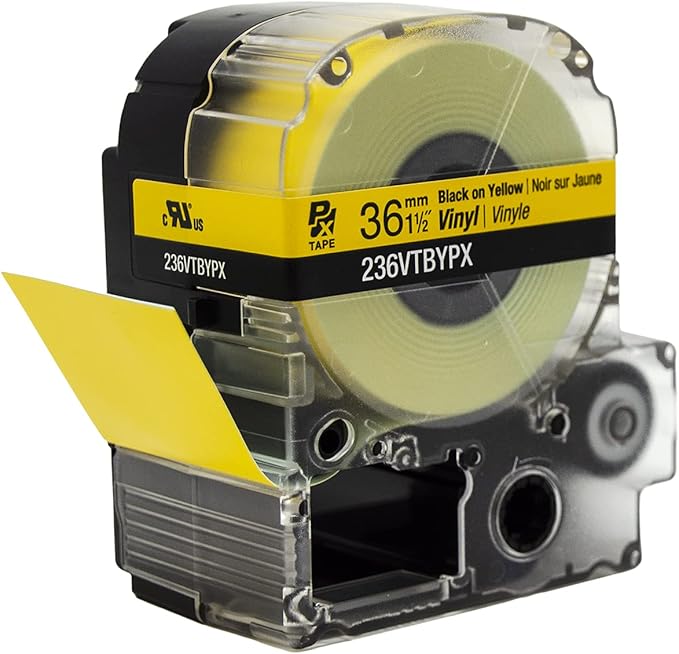 Epson LABELWORKS 236VTBYPX Genuine Tape Cartridge - Black on Yellow Flexible and Durable Vinyl Industrial Label Maker Tape - 1.5" (36MM) Wide, 22.9 ft