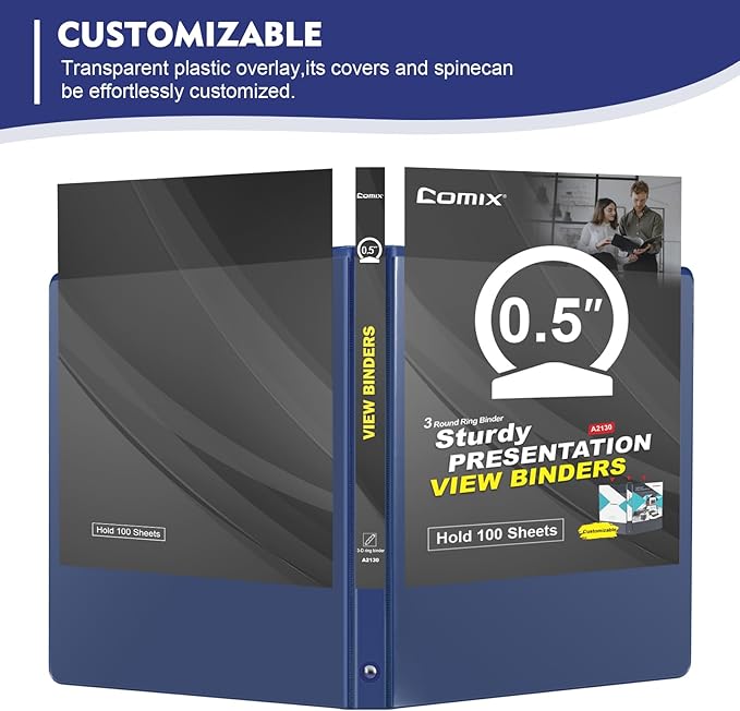 COMIX 3 Ring Binder 1/2 inch with Clear View Cover, 0.5" View Binder Holds 100 Sheets of US Letter Size Paper, 6 Pack (Dark Blue)