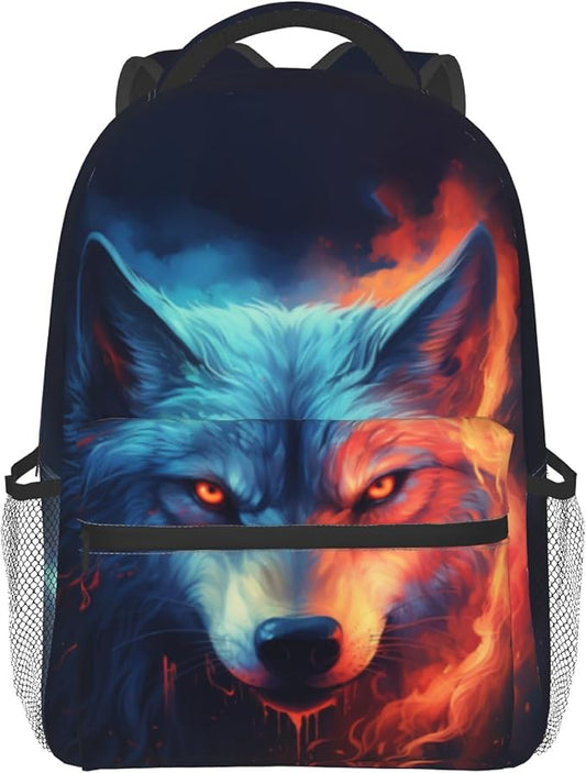 Giwawa Wolf Backpack for School, Blue Red Fire Wolf Animal Lightweight Sports Bookbags Shoulder Pack Laptop Casual Daypack Travel Bag for Women Men Boys Girls Teens Students