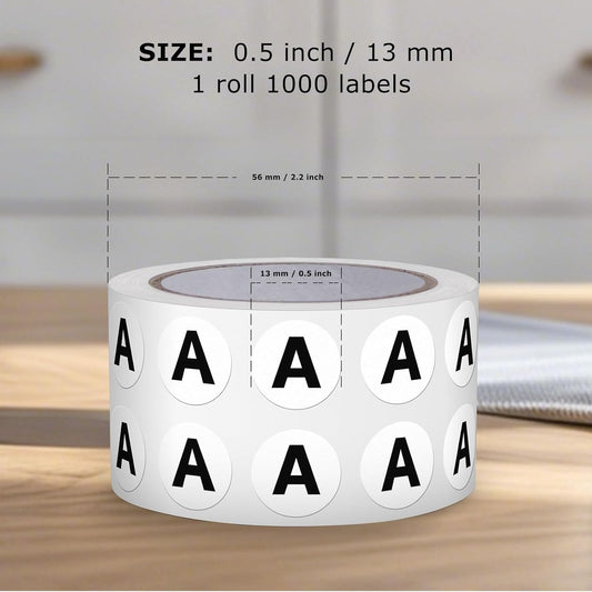 Letter A Round Stickers 0.5 Inch Vinyl Circle Capital Alphabet Labels Self-Adhesive Removable Waterproof Dots Tags for Home Office Inventory 1000 PCS