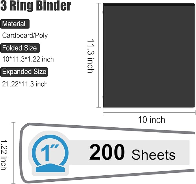 COMIX Economy 1 inch Binders 3 Ring with Clear View Cover, 1" Round Ring Presentation Binder Holds 200 Sheets of US Letter Size Paper, 12 Pack (Black)