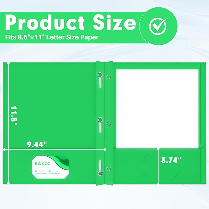 Two Pocket Folders, RAZCC 50 Pack Two Pocket Folders with Prongs, 3 Prong Folders Fit Letter Size Paper, Pocket File Folders for School Office Home Business, Green