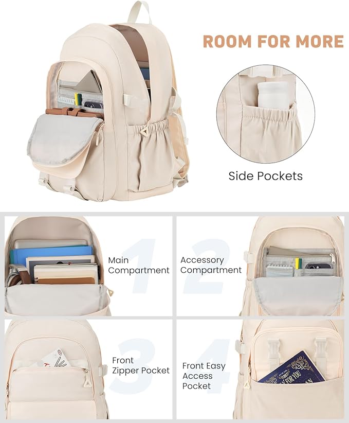 School Backpack for Teen Girls, 15.6 Inch Laptop Backpack Women Kids Bookbag for Middle High School Cute College Bag for Students, Beige