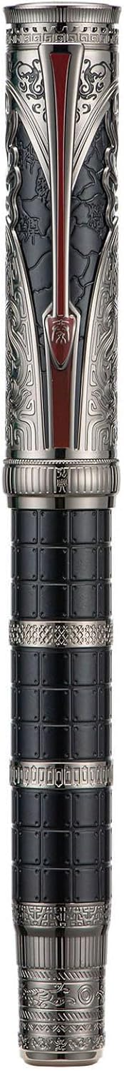 Hongdian D5X Fountain Pen Black Fine Nib, Qin Dynasty Retro Chinese Totem Engraving with Converter and Pen Box Set