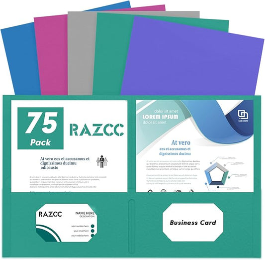 Two Pocket Folders, RAZCC 75 Pack File Folders with Pockets Fit Letter Size Paper, Thick Paper File Folder for School Office Business Home, Assorted 5 Colors