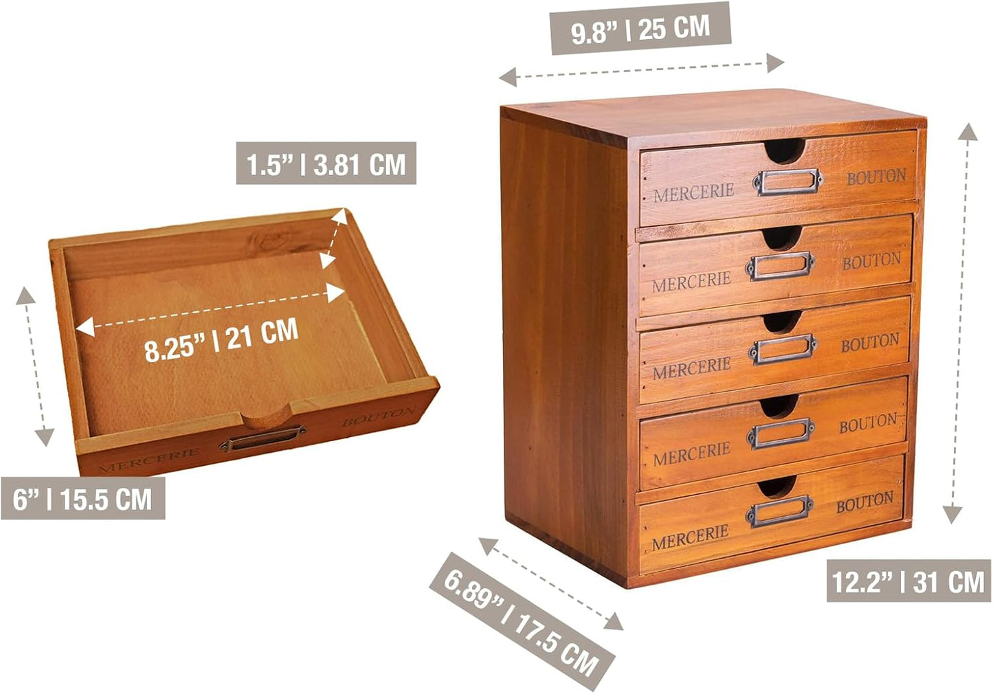 Vintage 5-Drawer Wooden Desk Organizer - Craft Storage Drawers - Rustic Shelf Drawer - Ideal Home Office Organizers and Accessories - Embroidery Floss - Apothecary Cabinet, Art Storage I Stackable