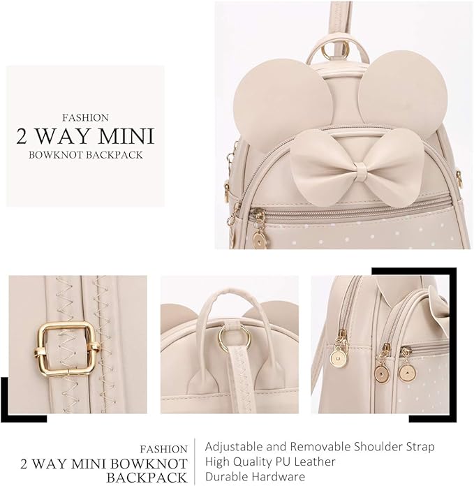 KL928 Girls Bowknot Polka Dot Cute Mini Backpack Small Daypacks Convertible Shoulder Bag Purse for Women