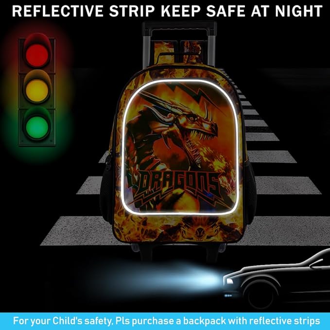 3PCS Rolling Backpack for Boys, Kids Roller Bookbag with Wheels, Dragon Wheeled School Backpack for Elementary Preschool Kindergarten(Orange)