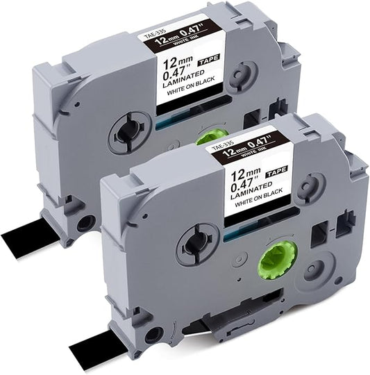 Tze-335 TZe335 Work for Brother P Touch 1/2" White on Black Label Maker Tape Compatible with Brother P Touch TZ TZe Tape 12mm 0.47 Laminated Black with P-Touch PT-H110 PT-D210 PT-D400 PT-D600,2-Pack