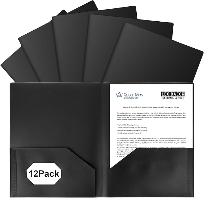 12-Pack Plastic Folders with Pockets,2-Pocket Poly Folders Holds 8-1/2" x 11" Paper for School/Office/Home, Black