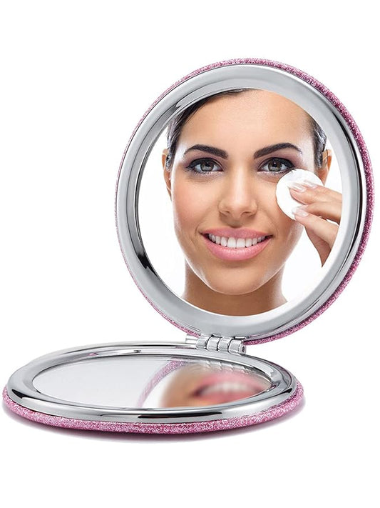 OMIRO 1X/10X Magnifying Compact Mirror with PU Leather, Ultra-Portable for Purses and Travel, Round Pink