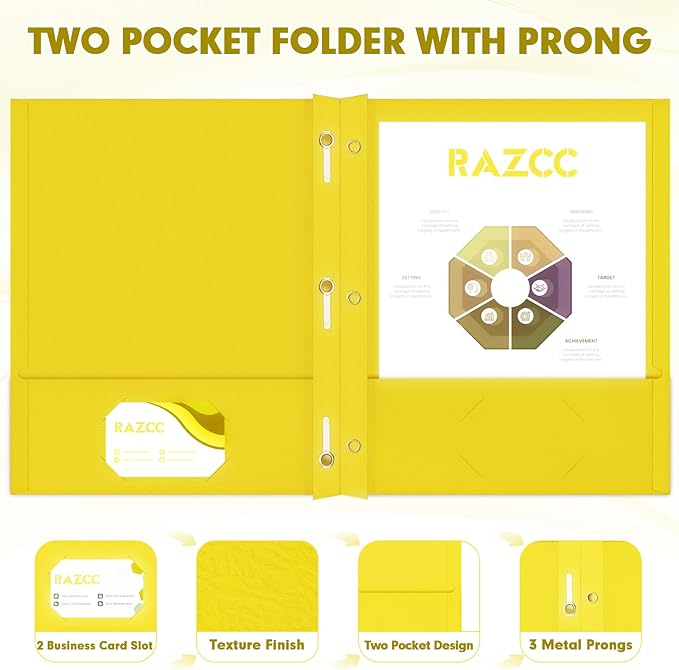 Two Pocket Folders, RAZCC 75 Pack Two Pocket Folders with Prongs, 3 Prong Folders Fit Letter Size Paper, Pocket File Folders for School Office Home Business, Yellow