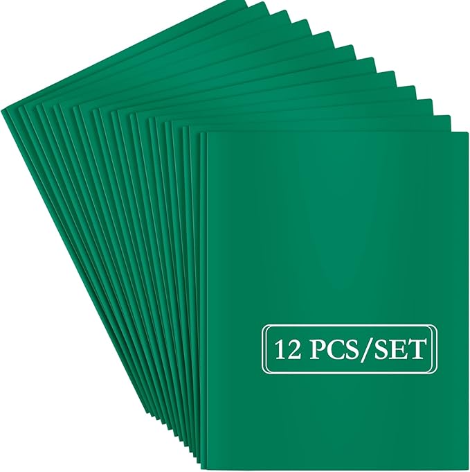 ViVin Sturdy 12-Pack Plastic Folders, Folder with Pockets and Prongs, 2 Pocket Poly File, Plastic Folders with 3-Prong Fasteners, fits 8.5 * 11 Letter Size Paper, for School/Home/Office Use (Green)