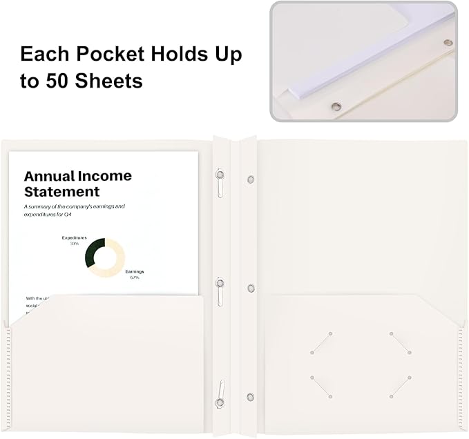 ViVin 12-Pack Sturdy Plastic Folders with Pockets and Prongs, 2 Pocket Folders with 3-Prong Fasteners, Holds 8.5 * 11 Letter Size Paper, for School, Home and Office (White)